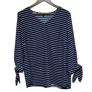 Talbots Blouse L Navy Blue Stripe Nautical Tie Sleeve V Neck Lightweight Top